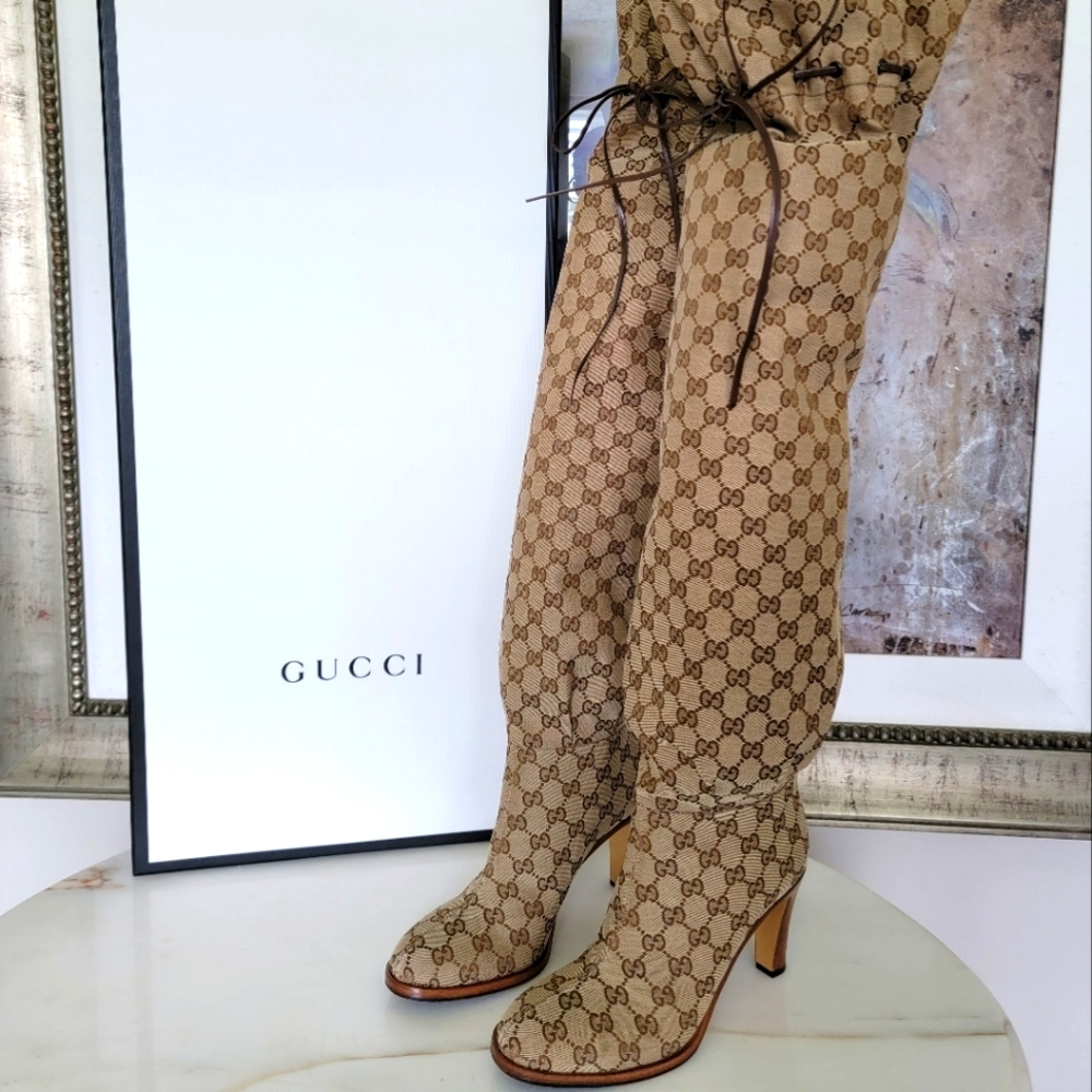 Gucci Lisa Over The Knee Boots GG Supreme Monogram Canvas Size 9 40